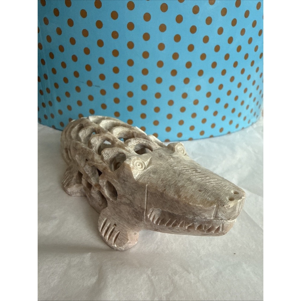 Hand Carved Soapstone Alligator Figurine Lattice Cutout Stone Sculpture